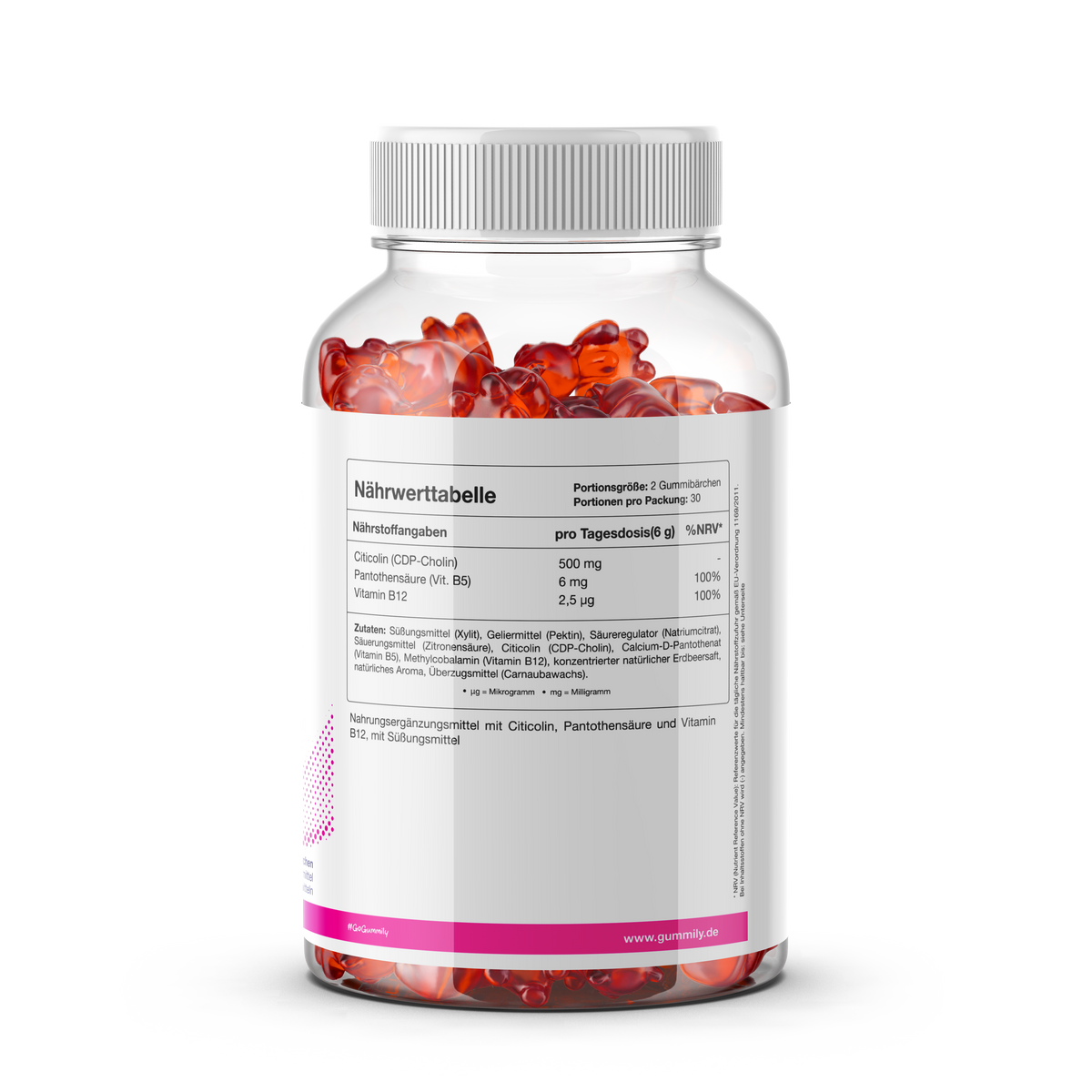 Citicolin (CDP-Cholin) Gummibärchen mit Vitamin B5 & B12 – Erdbeere