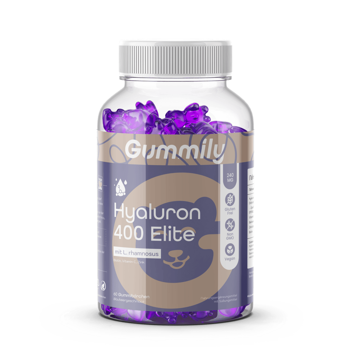 Hyaluronsäure-Gummibärchen mit Vitamin C, Zink & Biotin – Heidelbeere