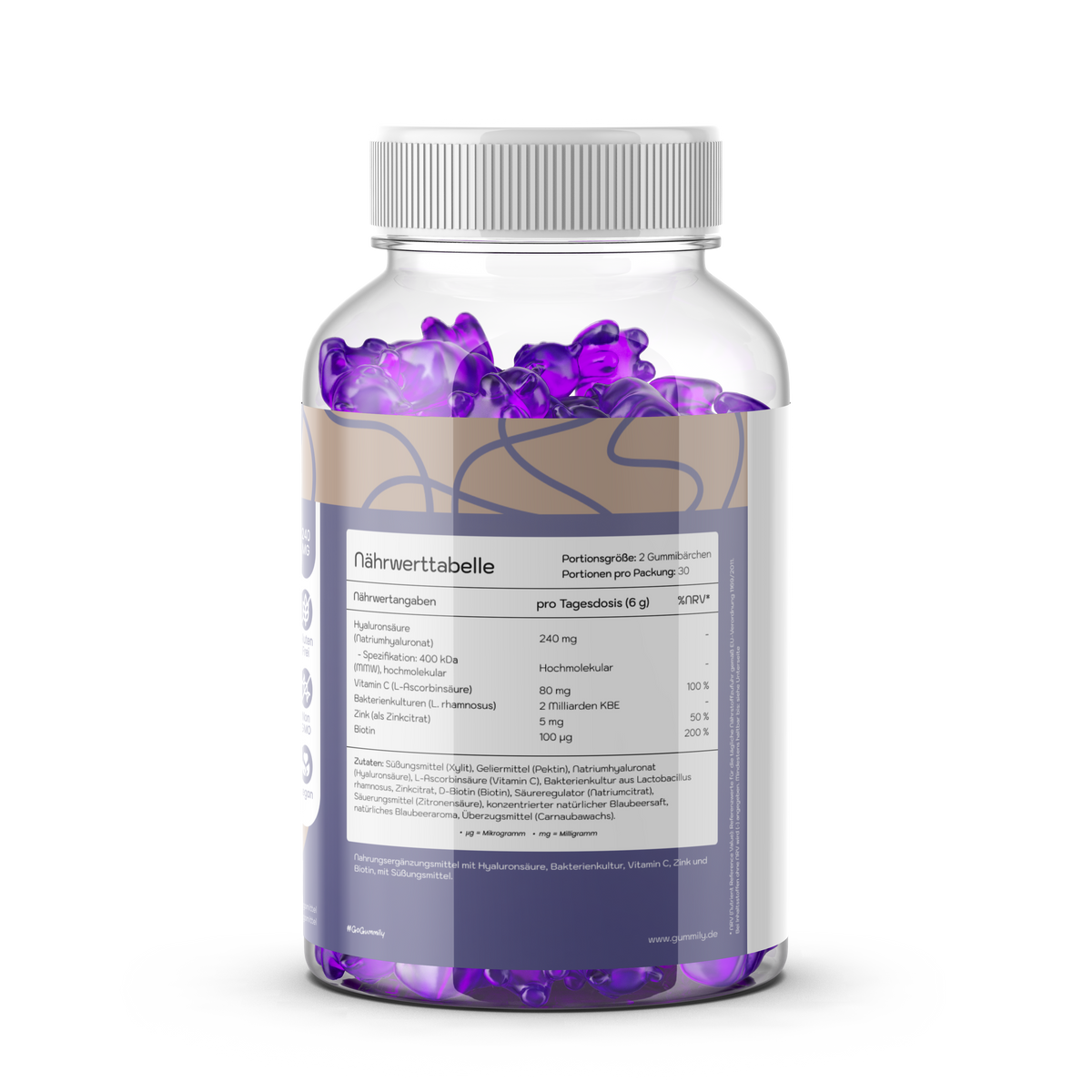 Hyaluronsäure-Gummibärchen mit Vitamin C, Zink & Biotin – Heidelbeere