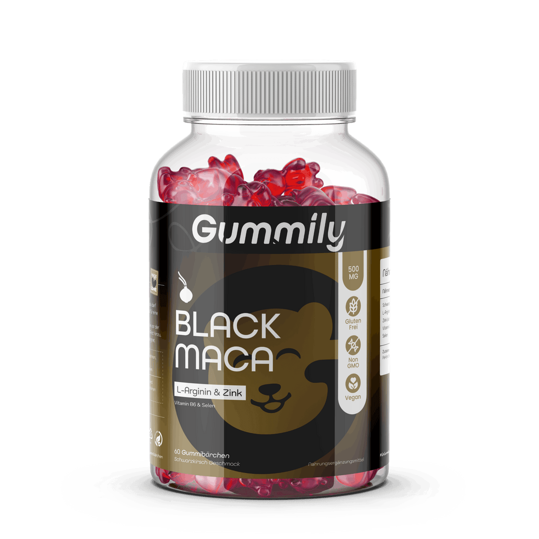 Black Maca Gummies with Vitamin B6 & Selenium Premium Supplement Bottle - Clean Front Product View