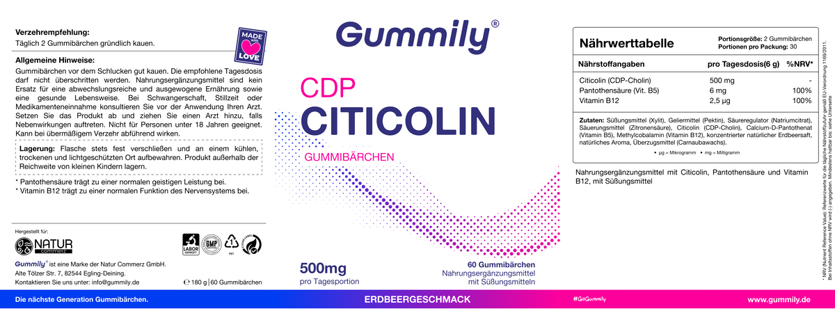 Citicolin (CDP-Cholin) Gummibärchen mit Vitamin B5 & B12 – Erdbeere