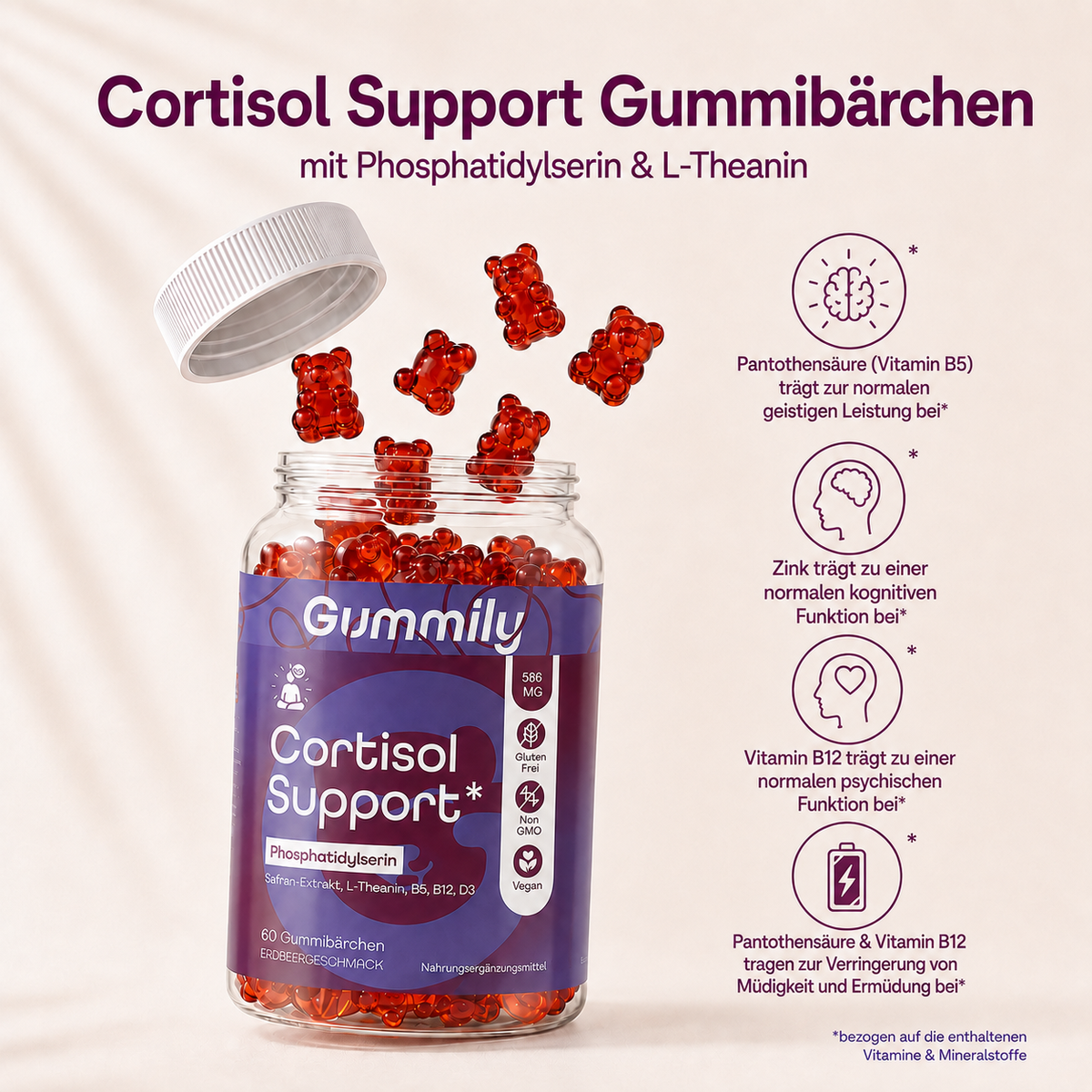 Phosphatidylserin & L-Theanin Gummibärchen mit B5, B12 & Zink – Erdbeere