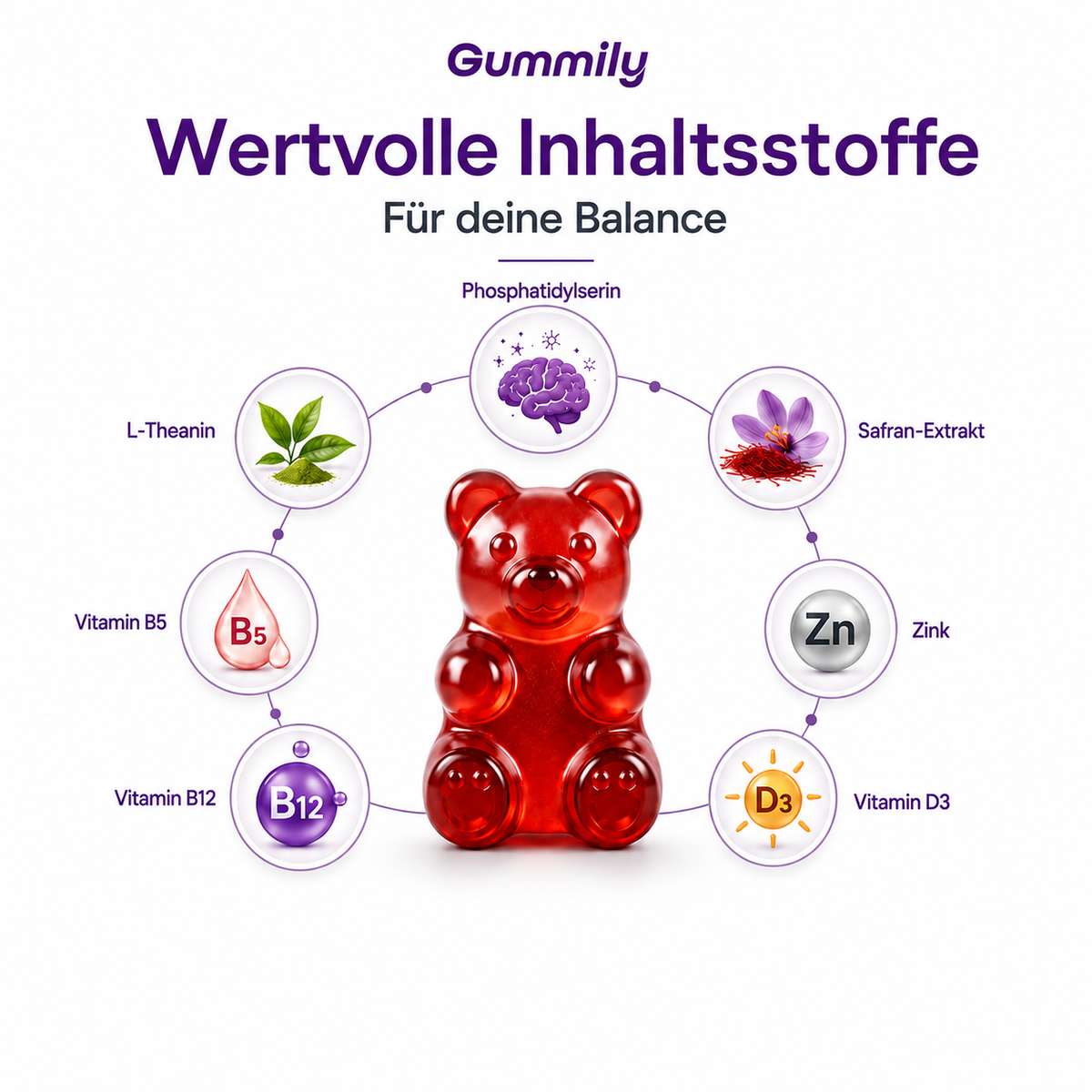 Phosphatidylserin & L-Theanin Gummibärchen mit B5, B12 & Zink – Erdbeere