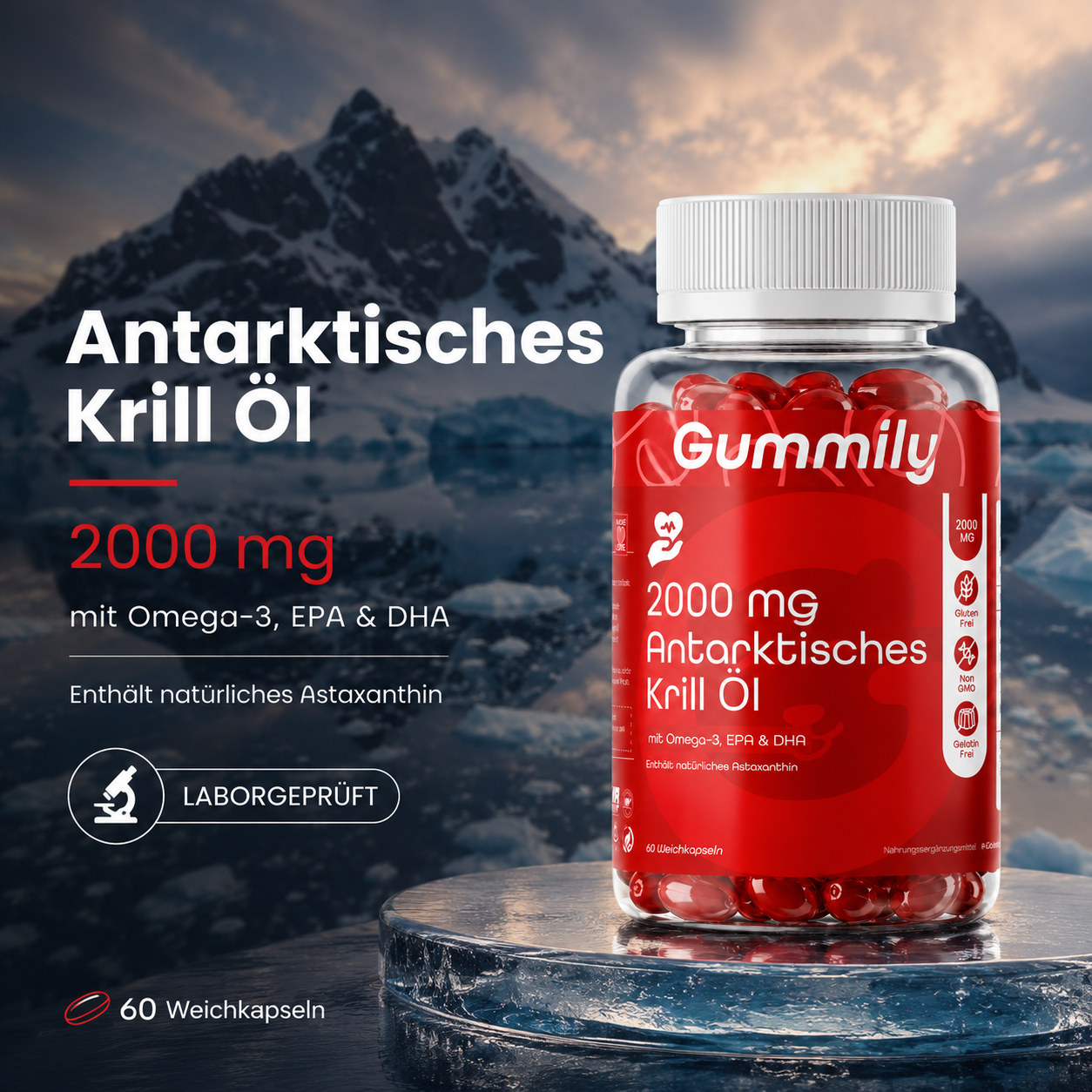 Antarctic Krill Oil 2000mg | Omega-3 EPA & DHA Gummy Soft Chews - Dietary Supplement Close-Up