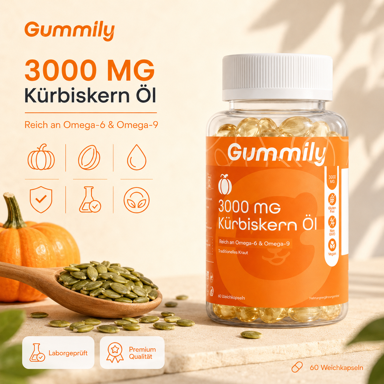 Pumpkin Seed Oil 3000mg | Cold-Pressed Vegan Softgels Gummy Soft Chews - Dietary Supplement Close-Up