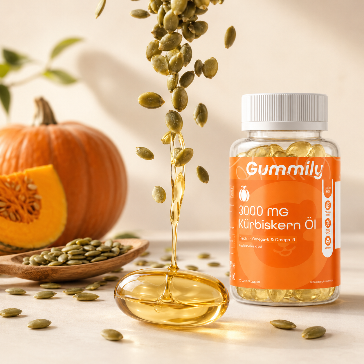 Pumpkin Seed Oil 3000mg | Cold-Pressed Vegan Softgels Nutritional Facts Label - Ingredients & Supplement Breakdown