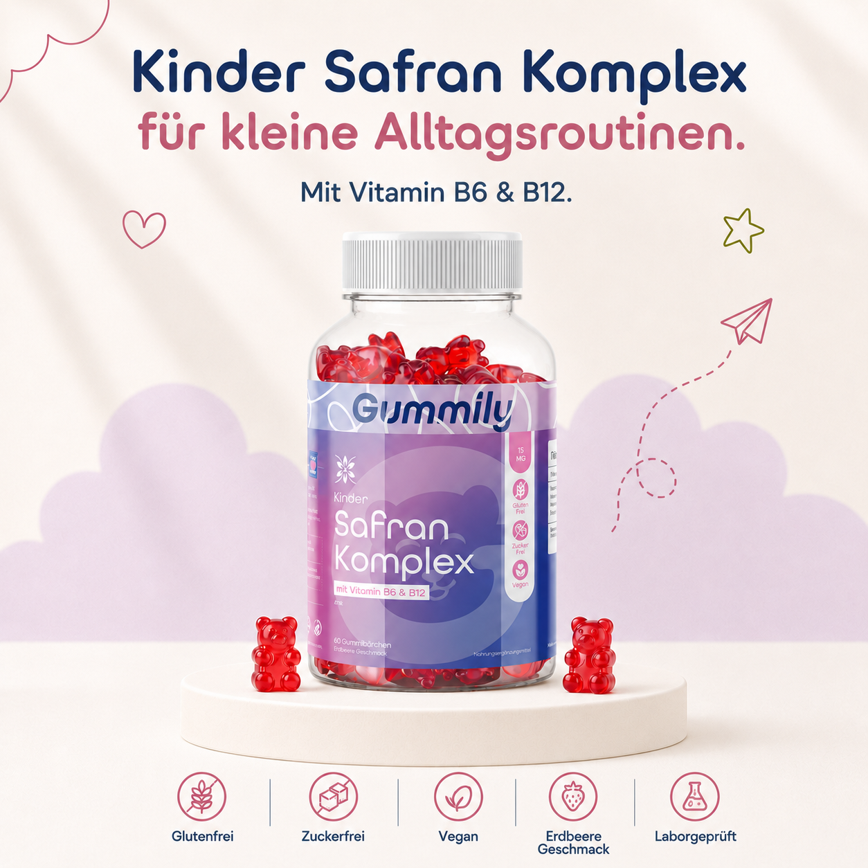Kinder Safran Gummies mit Vitamin B6, B12 & Zink