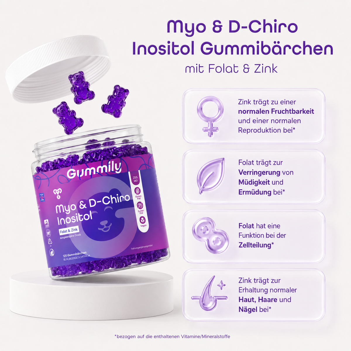 Myo- & D-Chiro-Inositol Gummibärchen 40:1 mit Zink & Folsäure – Heidelbeere