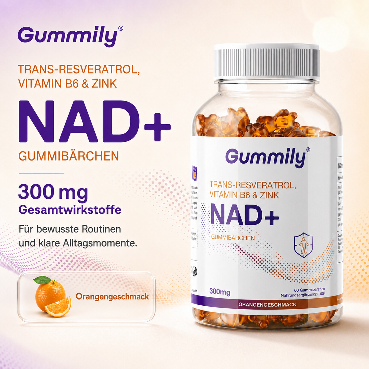 NAD+ Gummis mit Trans-Resveratrol, Vitamin B6 & Zink – Orange