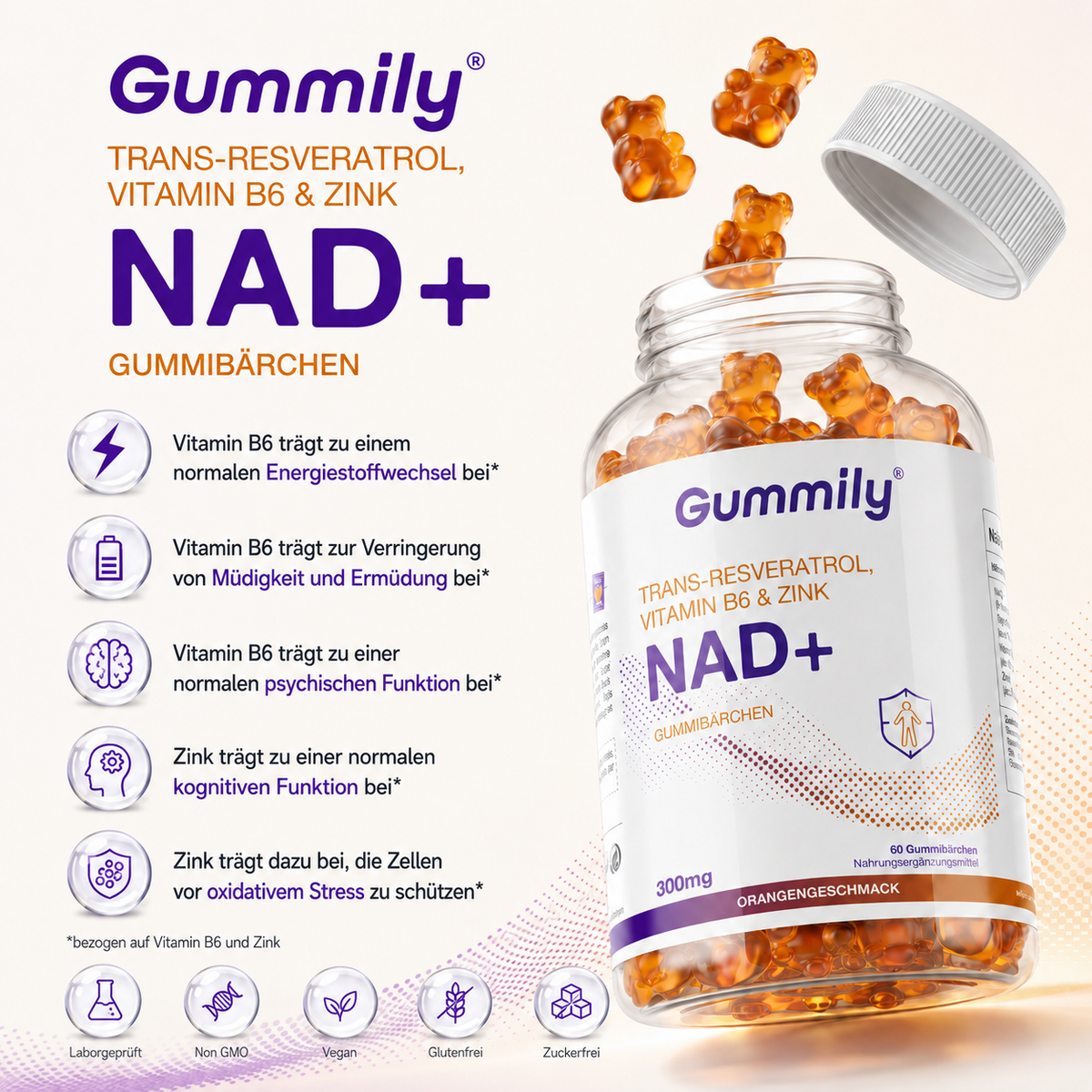 NAD+ Gummis mit Trans-Resveratrol, Vitamin B6 & Zink – Orange