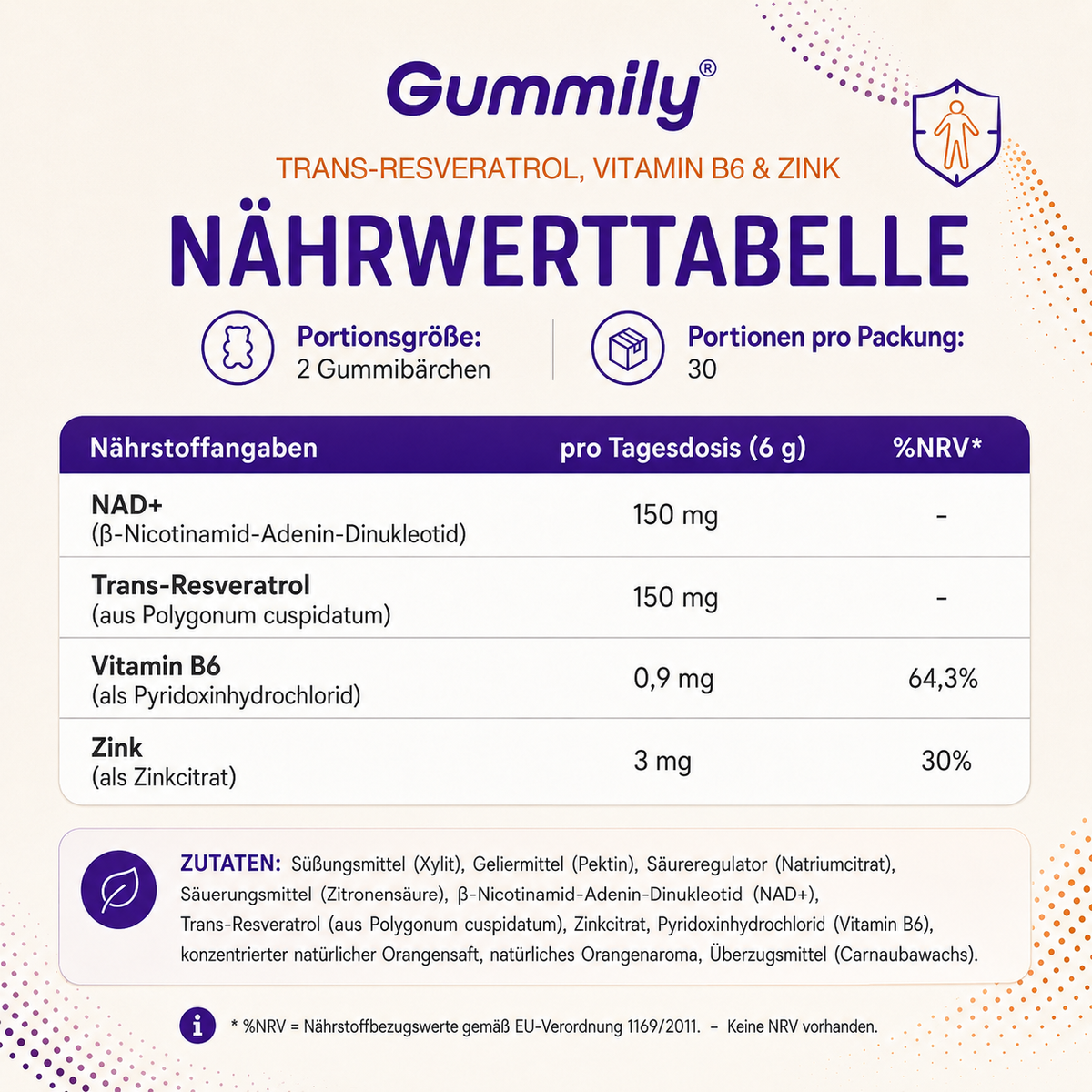 NAD+ Gummis mit Trans-Resveratrol, Vitamin B6 & Zink – Orange
