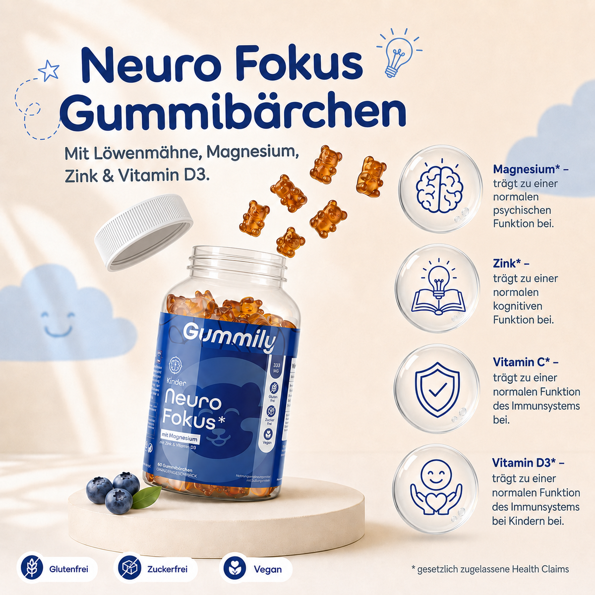 Löwenmähne Gummis mit Magnesium, Vitamin C, D3 & Zink – Blaubeere