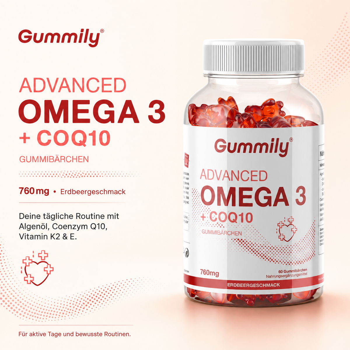 Omega-3 & CoQ10 Gummibärchen mit Algenöl, Vitamin K2 & E – Erdbeere