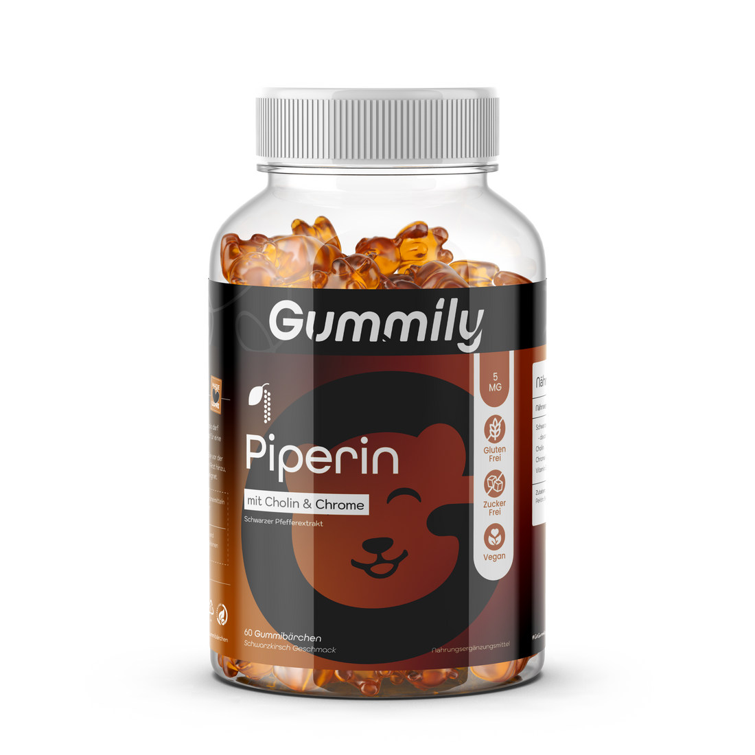 Piperin Gummies with Chromium, Choline & Vitamin B6 Premium Supplement Bottle - Clean Front Product View