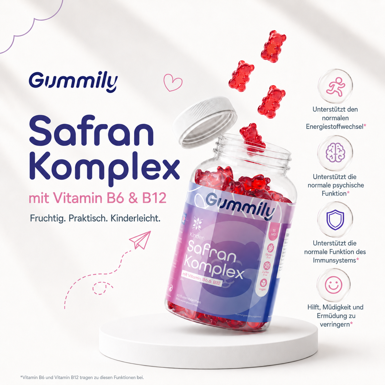 Kinder Safran Gummies mit Vitamin B6, B12 & Zink