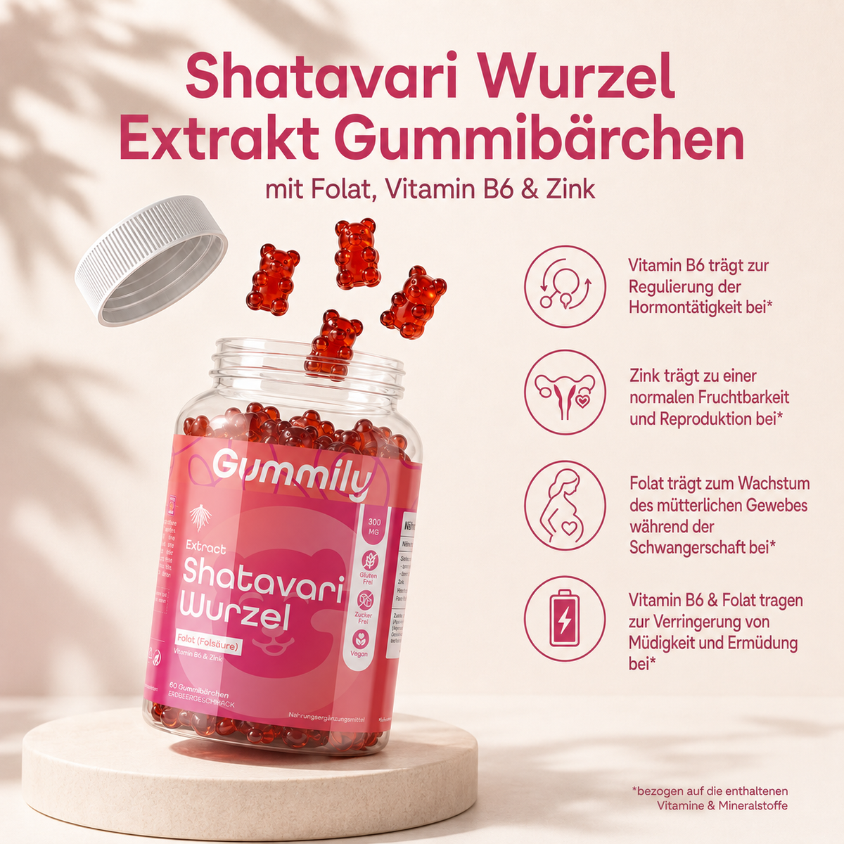 Shatavari Complex Gummies 300 mg with B6, Zinc & Folate – Strawberry