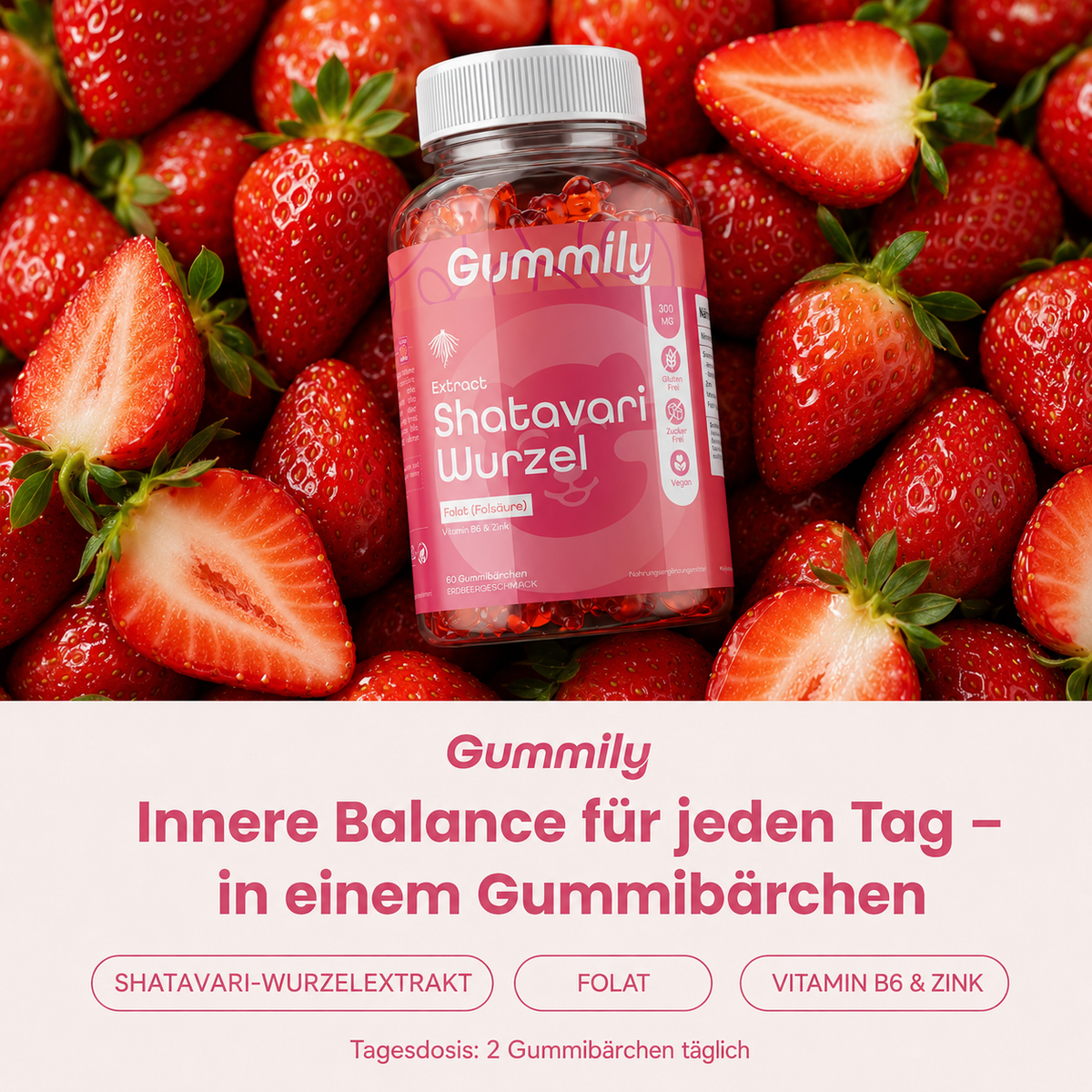 Shatavari Complex Gummies 300 mg with B6, Zinc & Folate – Strawberry