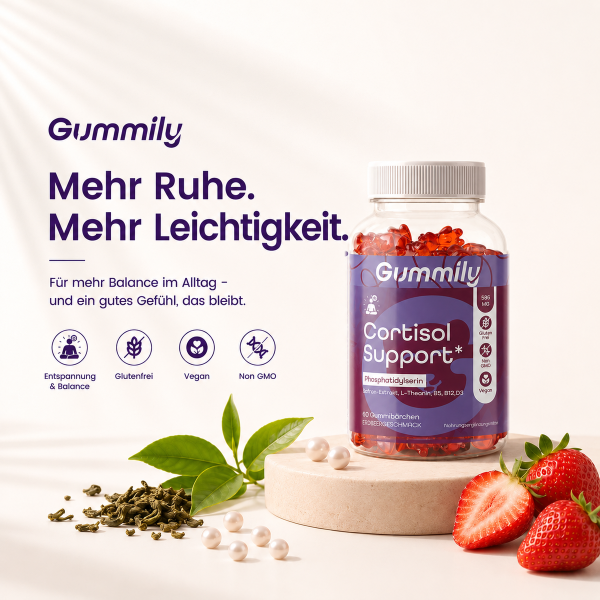 Phosphatidylserin & L-Theanin Gummibärchen mit B5, B12 & Zink – Erdbeere