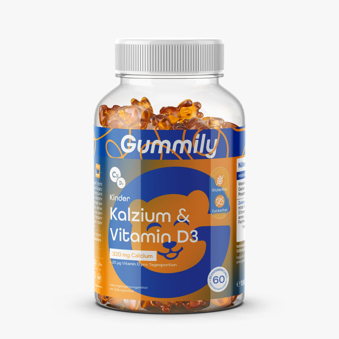 Gummily Kinder Kalzium & Vitamin D3 Gummibärchen mit Orangengeschmack, Vorderseite der Dose