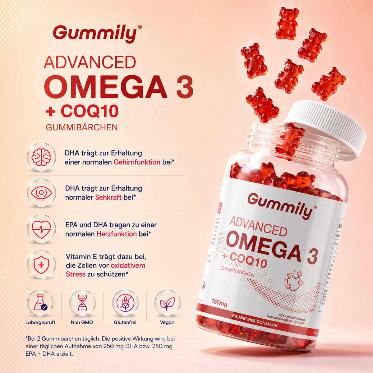 Omega-3 & CoQ10 Gummibärchen mit Algenöl, Vitamin K2 & E – Erdbeere