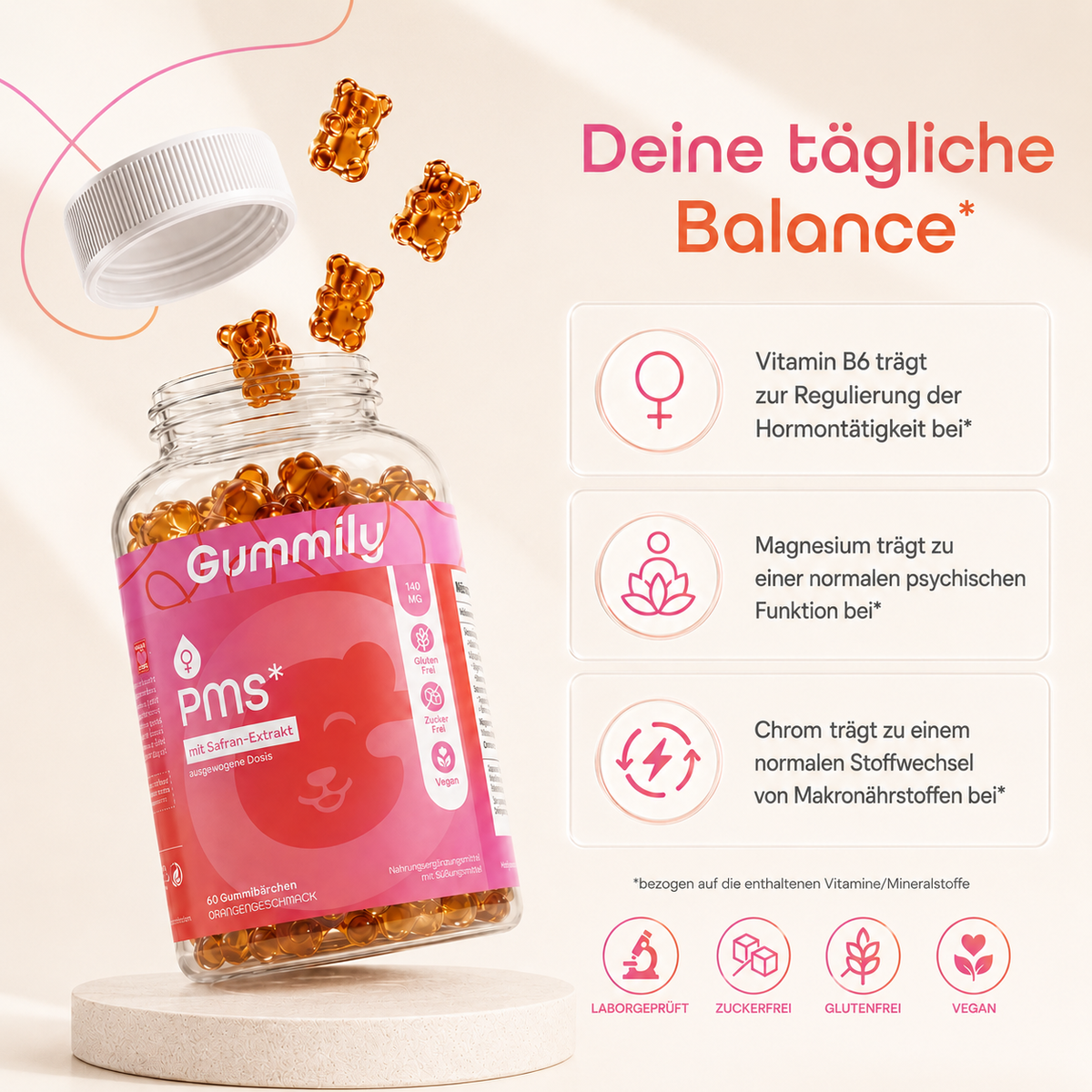 PMS Komplex Gummibärchen mit Mönchspfeffer & Safran – Orange